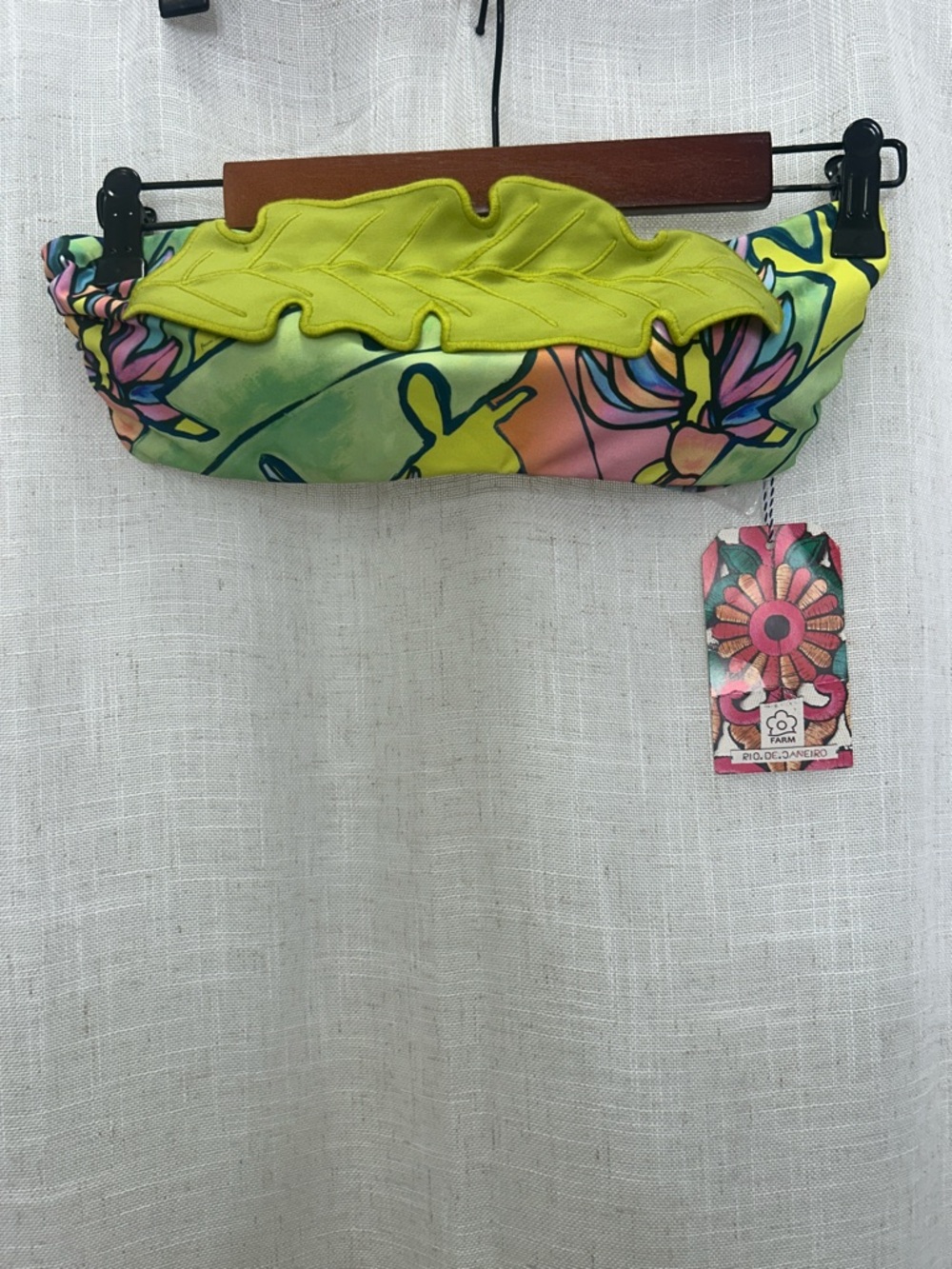 Farm Rio Lime Tropical Leaf Applique Bandeau Bikini Top W/Straps Size Small NWT